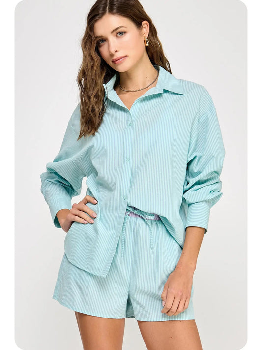 Aqua Oversized Stripe Cotton Poplin Top