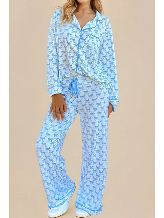 Bowknot Printed Longsleeve PJ Pant Set-Blue