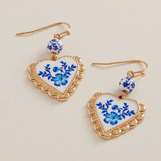 Blue Floral Ceramic Heart Earrings