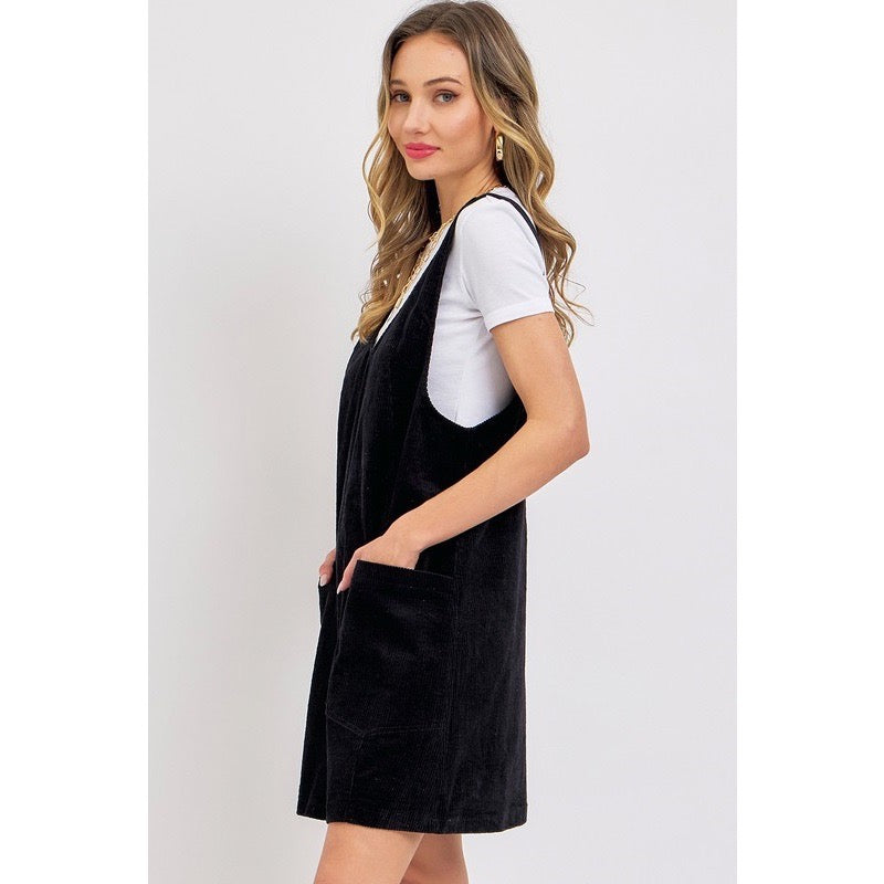 Black Corduroy Casual Overall Dress