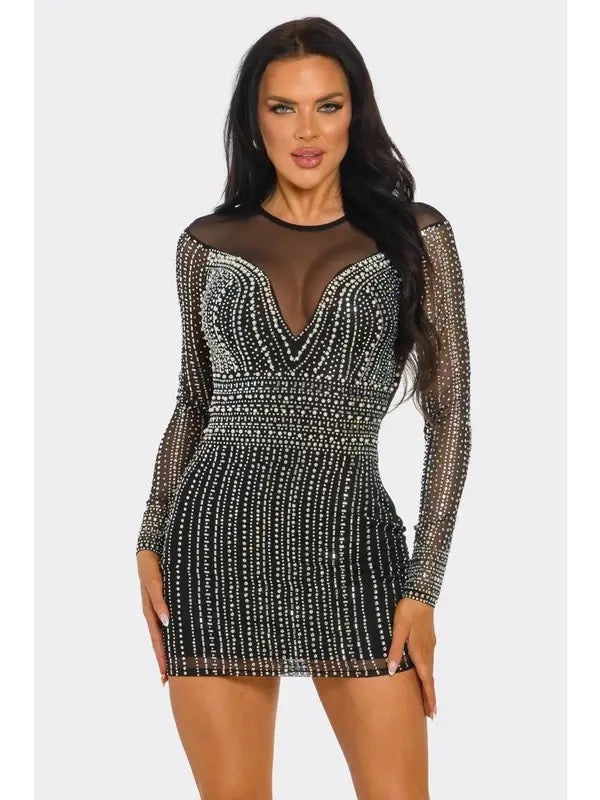 Black Rhinestone & Pearl Mini Dress