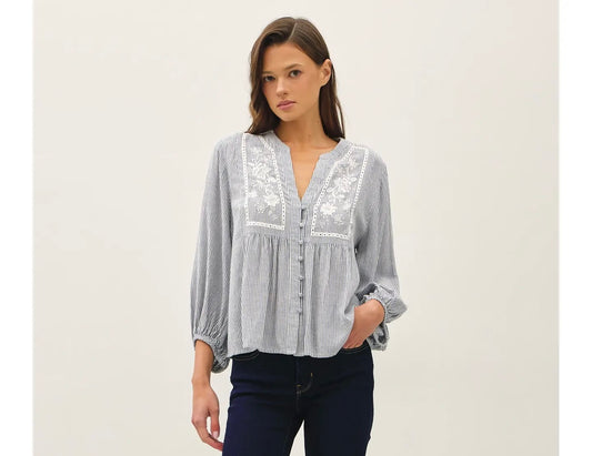 Embroidery Peasant Blouse - Blue