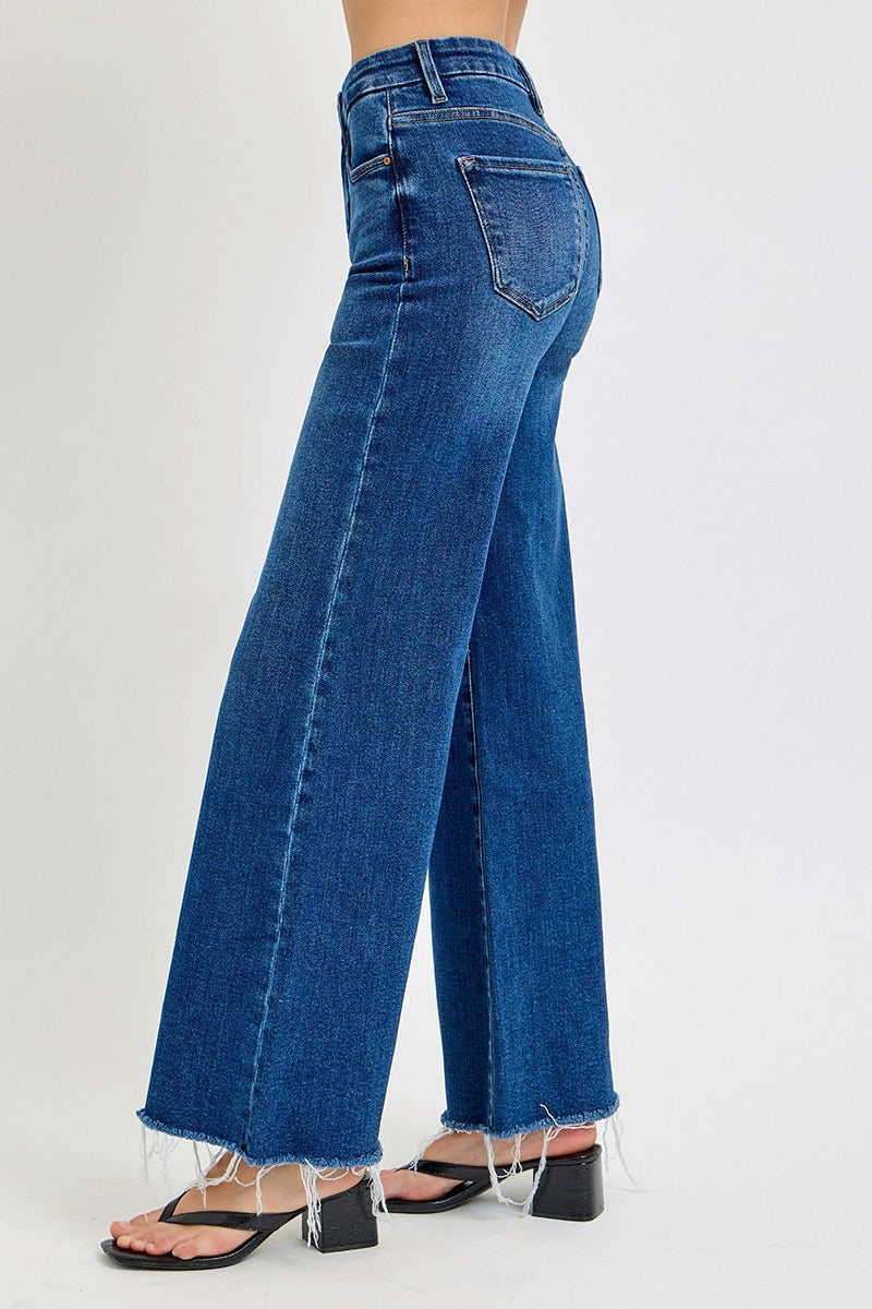 Risen Tummy Control Dark Mid Rise Wide Leg Jeans