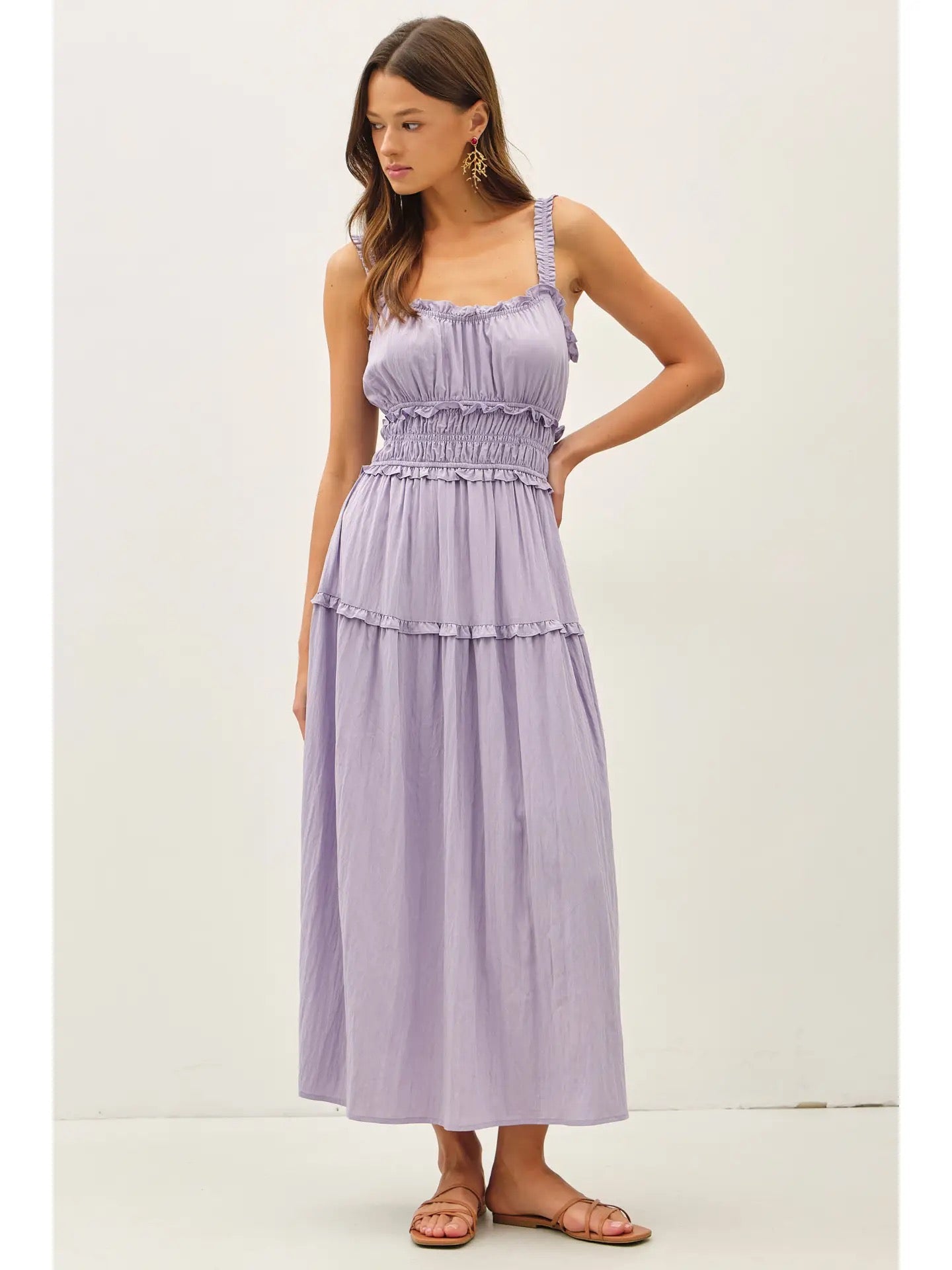 Ruffled Strap  Midi Dress-Iris