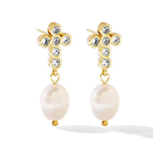 Splendid Iris CZ Cross with Pearl Earrings