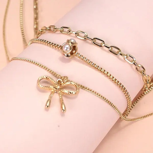 Multi layer Pearl Bow Charm Necklace
