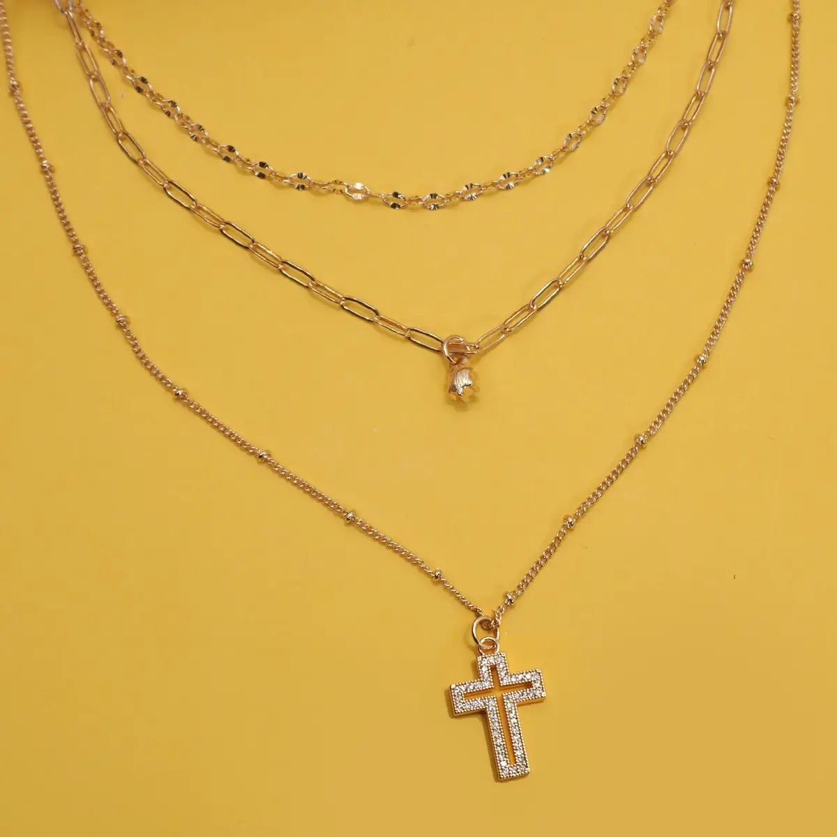 Multi Layer Rhinestone Cross Pendant Necklace