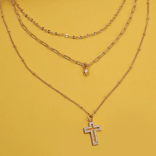 Multi Layer Rhinestone Cross Pendant Necklace