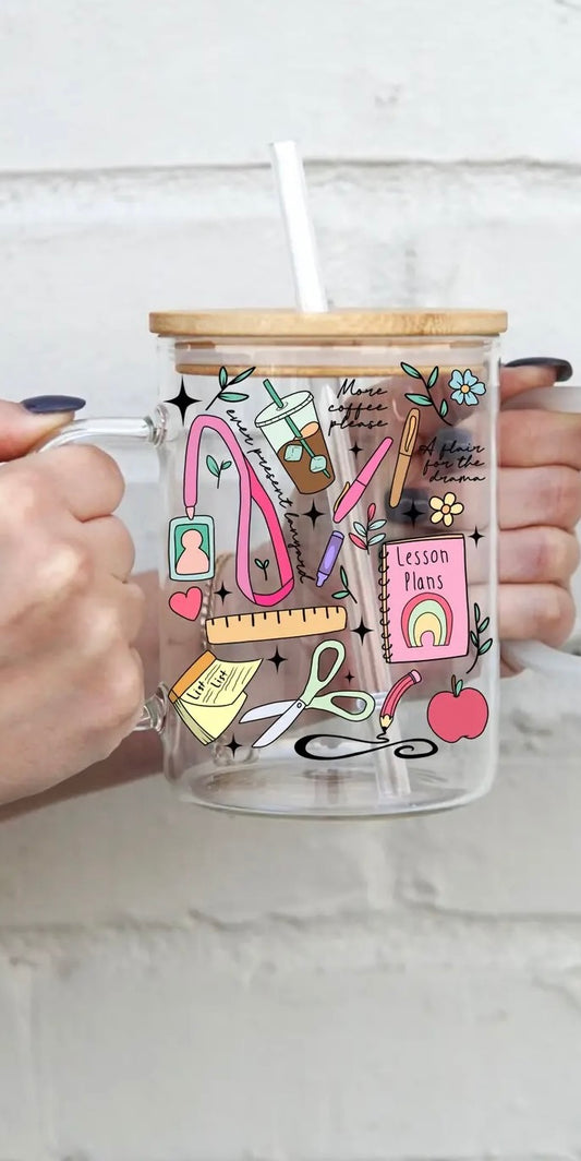 Teacher 17oz Glass Mug with Lid/Straw