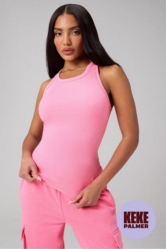 Fabletics Modal Rib High Neck Built-In Bra Tank - Strawb/Milk