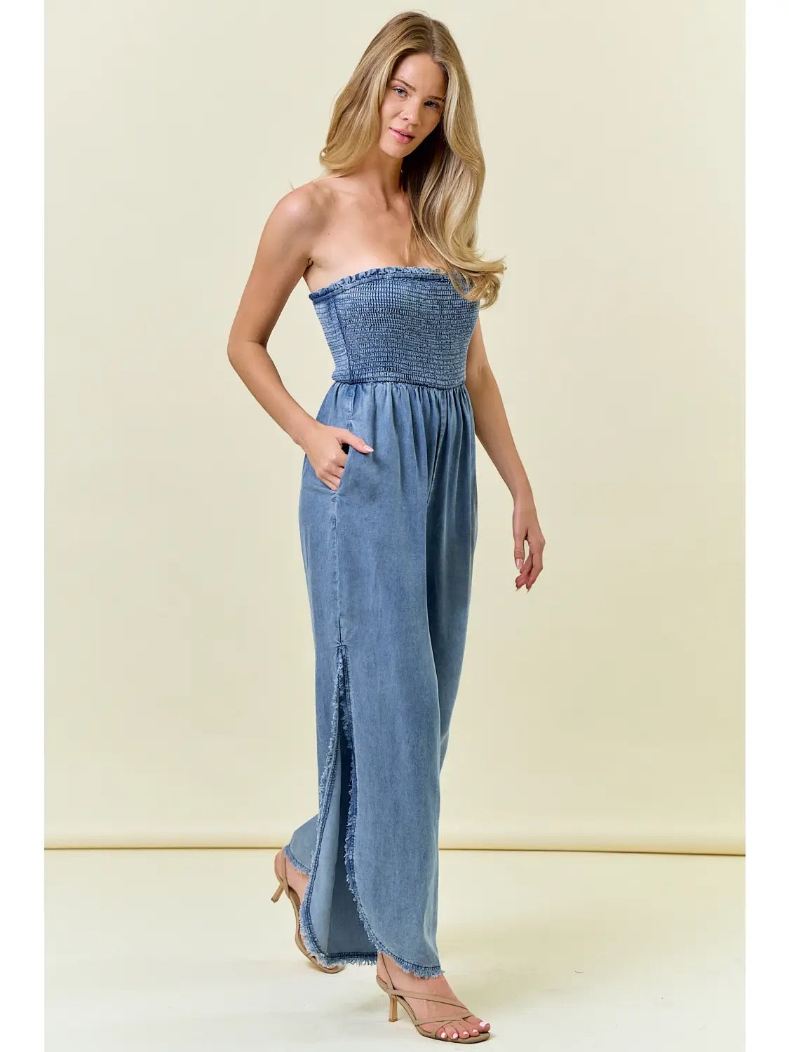 Denim Smocked Strapless Jumpsuit with Frayed Detail