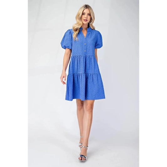 Blue Puff Sleeve Seersucker Mini Dress