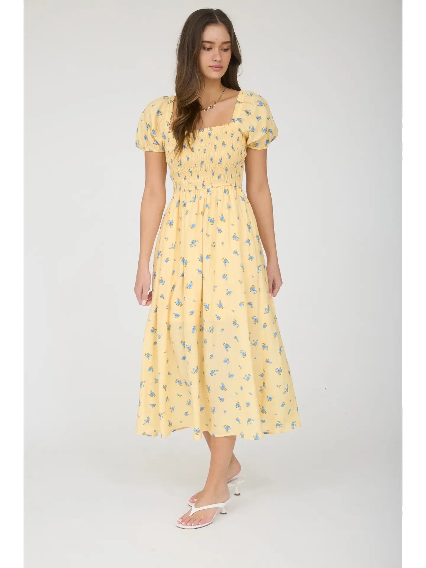 Yellow Smocked Puff Sleeve Floral Dress