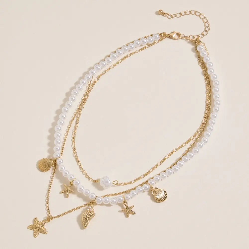 Layered Pearl Necklace w/ Sea Charms