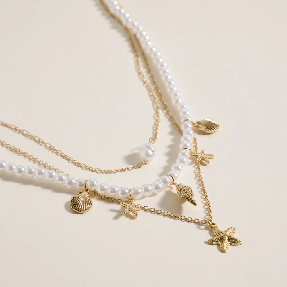 Layered Pearl Necklace w/ Sea Charms