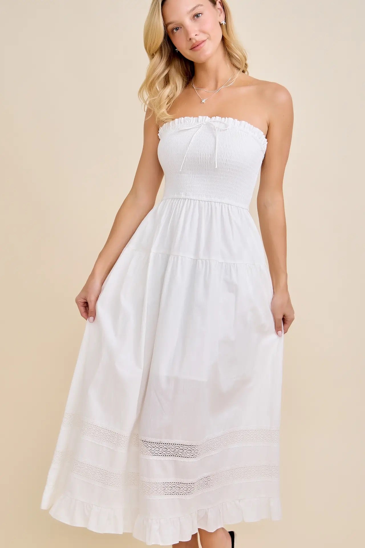 White Strapless Ruffle Lace Maxi Dress