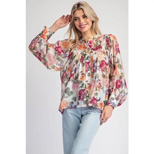 Vintage Floral Print Button Down Top
