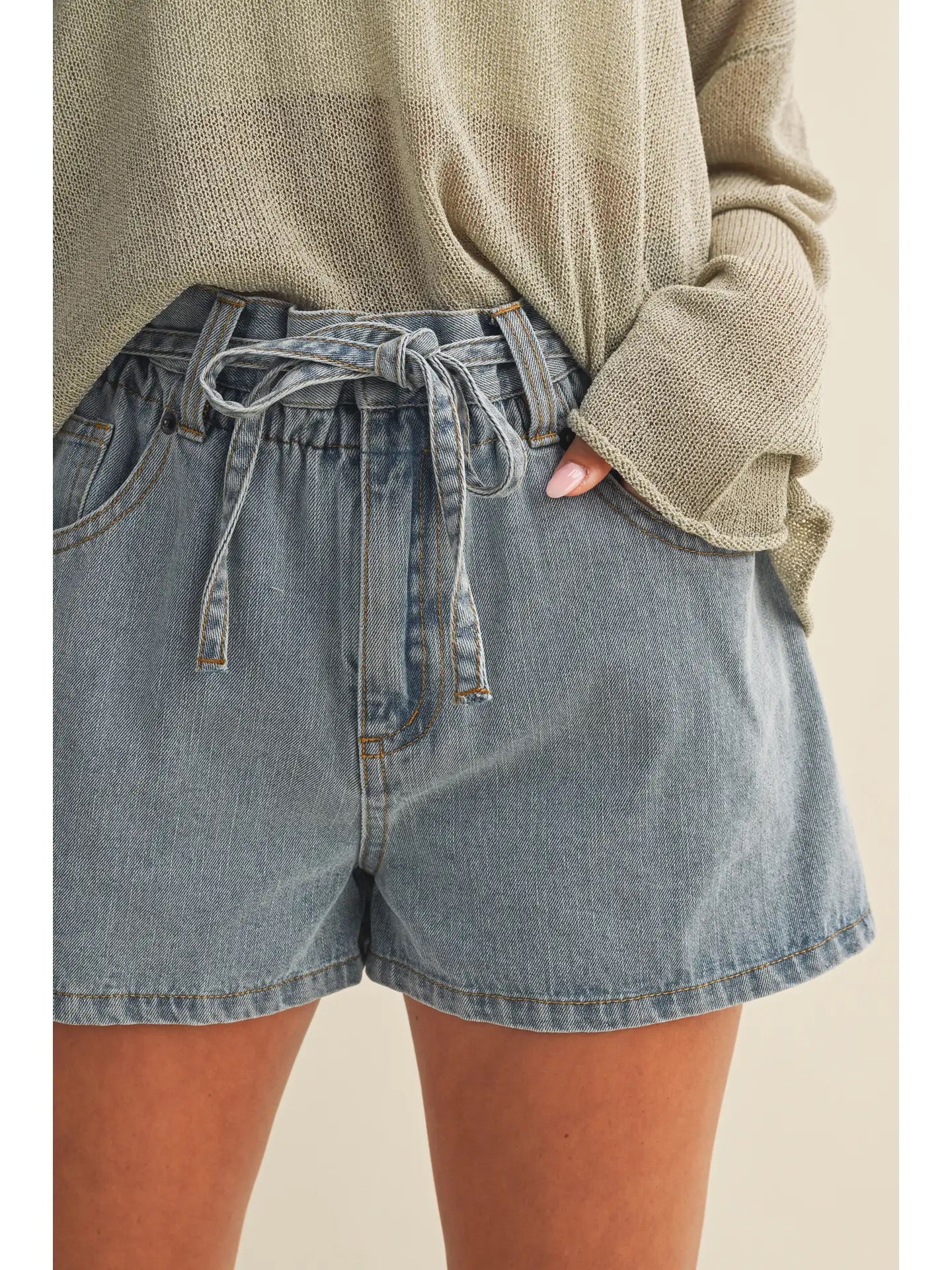 Paperbag Denim Shorts with Tie Waist
