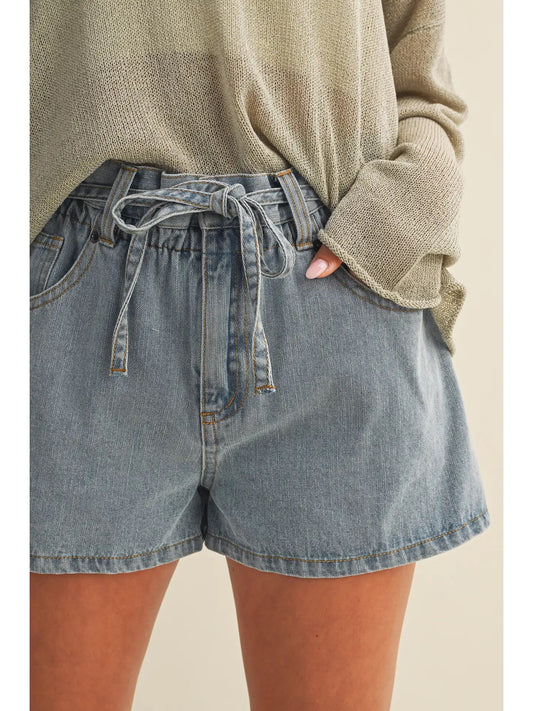 Paperbag Denim Shorts with Tie Waist