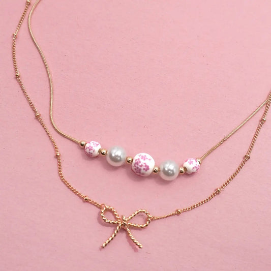Pink Pearl Bow Layer Necklace