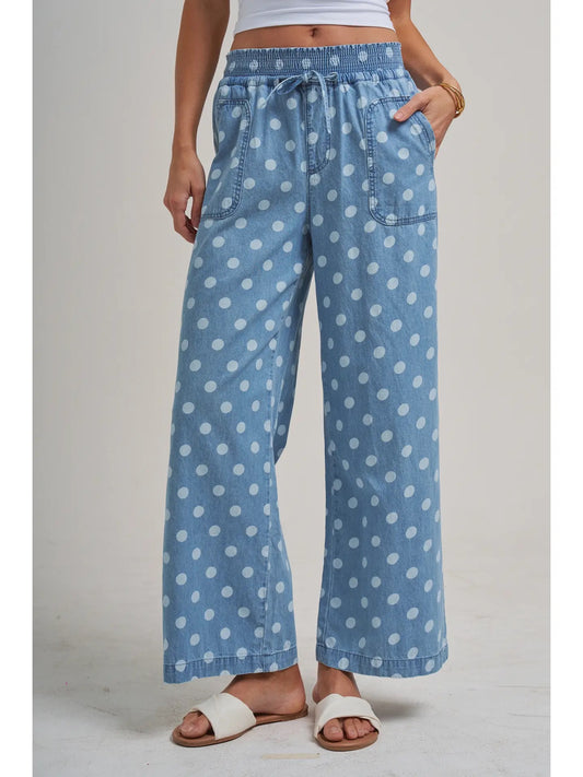 The Stephanie Relaxed Wide Leg Soft Polka Dot Chambray Drawstring Pants