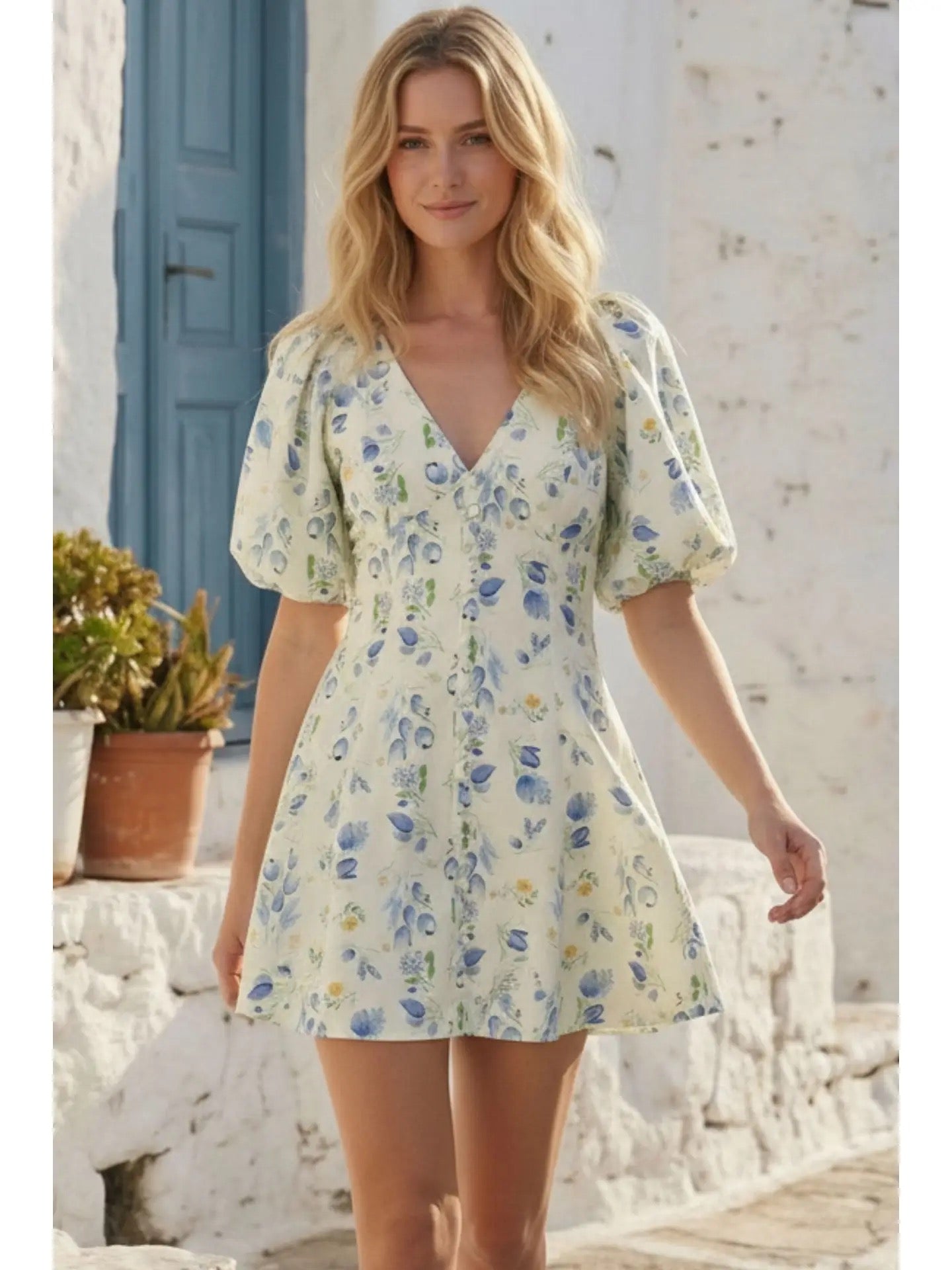 Floral Puff Sleeve Button Down Flare Dress