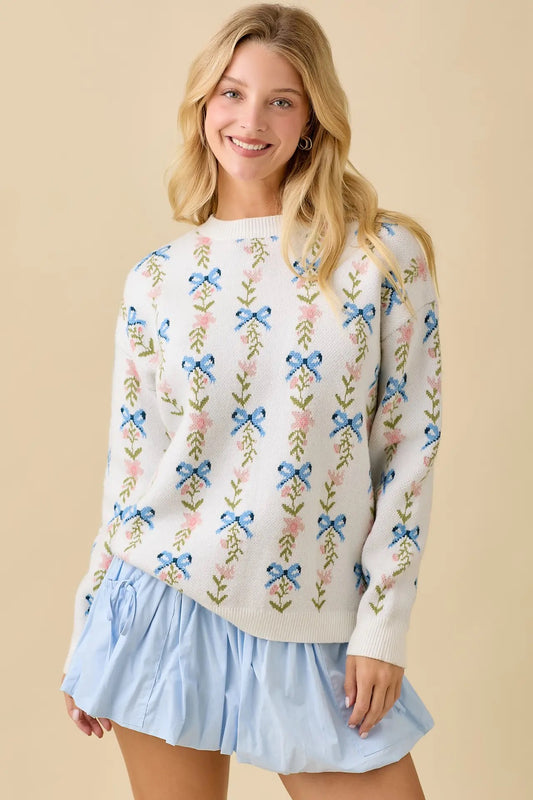 White Coquette Ribbon Bow Knit Sweater
