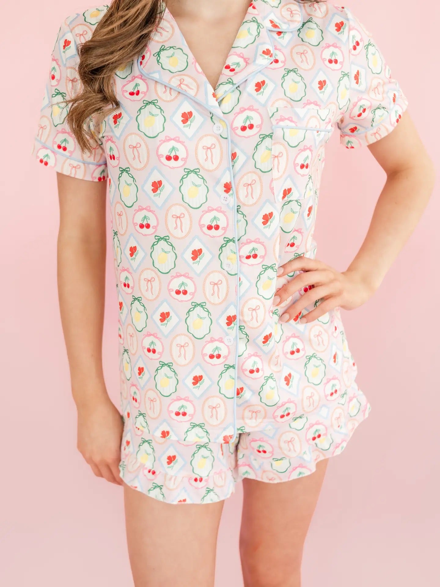 Fruit Cocktail Ruffle Hem Shorts Pajama Set