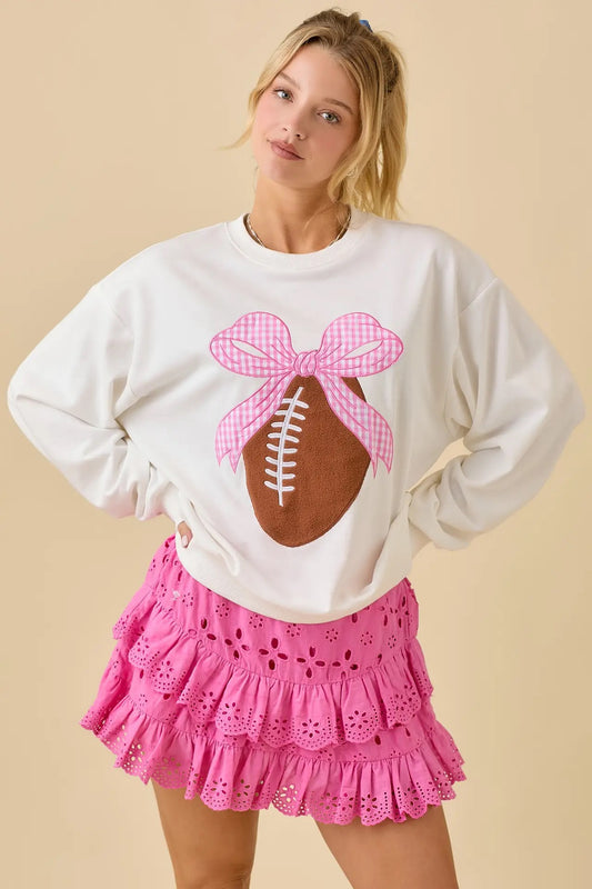 White Long Sleeve Crewneck with Ribbon Bow Football