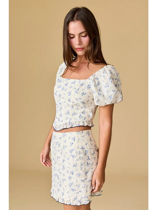 Ivory/Blue Eyelet Top and Skirt Set