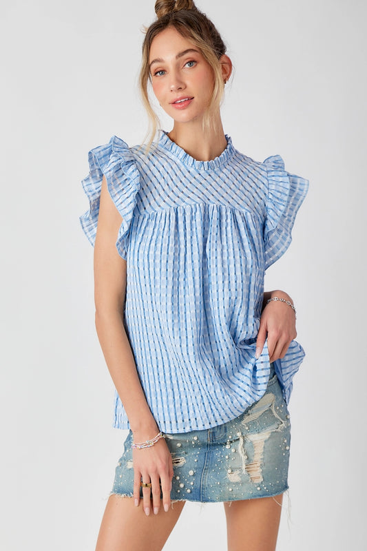 Blue Gingham Ruffle Sleeve Top