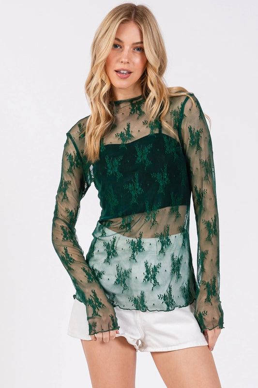Hunter Green Floral Lace Long Sleeve Top