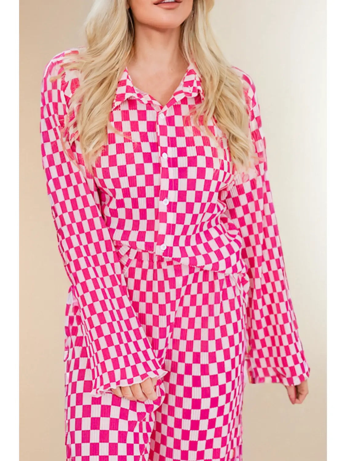 Pink Checkered Longsleeve Button PJ Pant Set