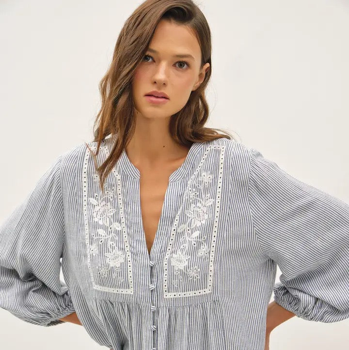 Embroidery Peasant Blouse - Blue