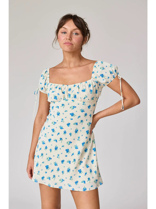 Cream & Royal Blue Floral Square Neck Ruffle Sleeve Mini Dress
