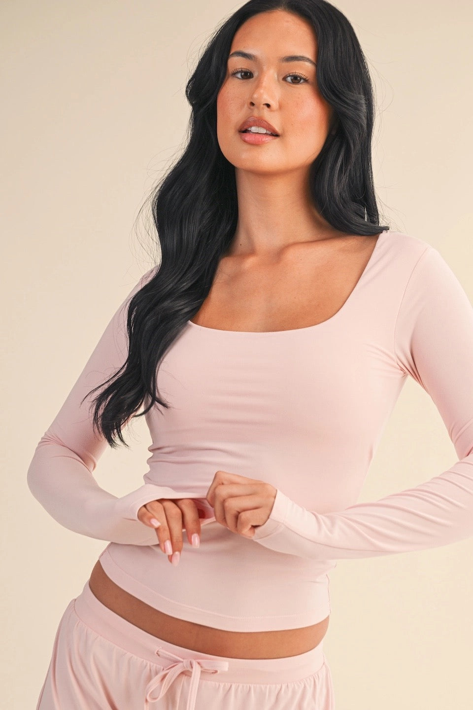 Soft Knit Jersey Square Neck Long Sleeve Top