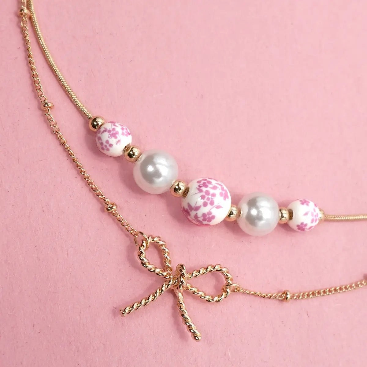 Pink Pearl Bow Layer Necklace