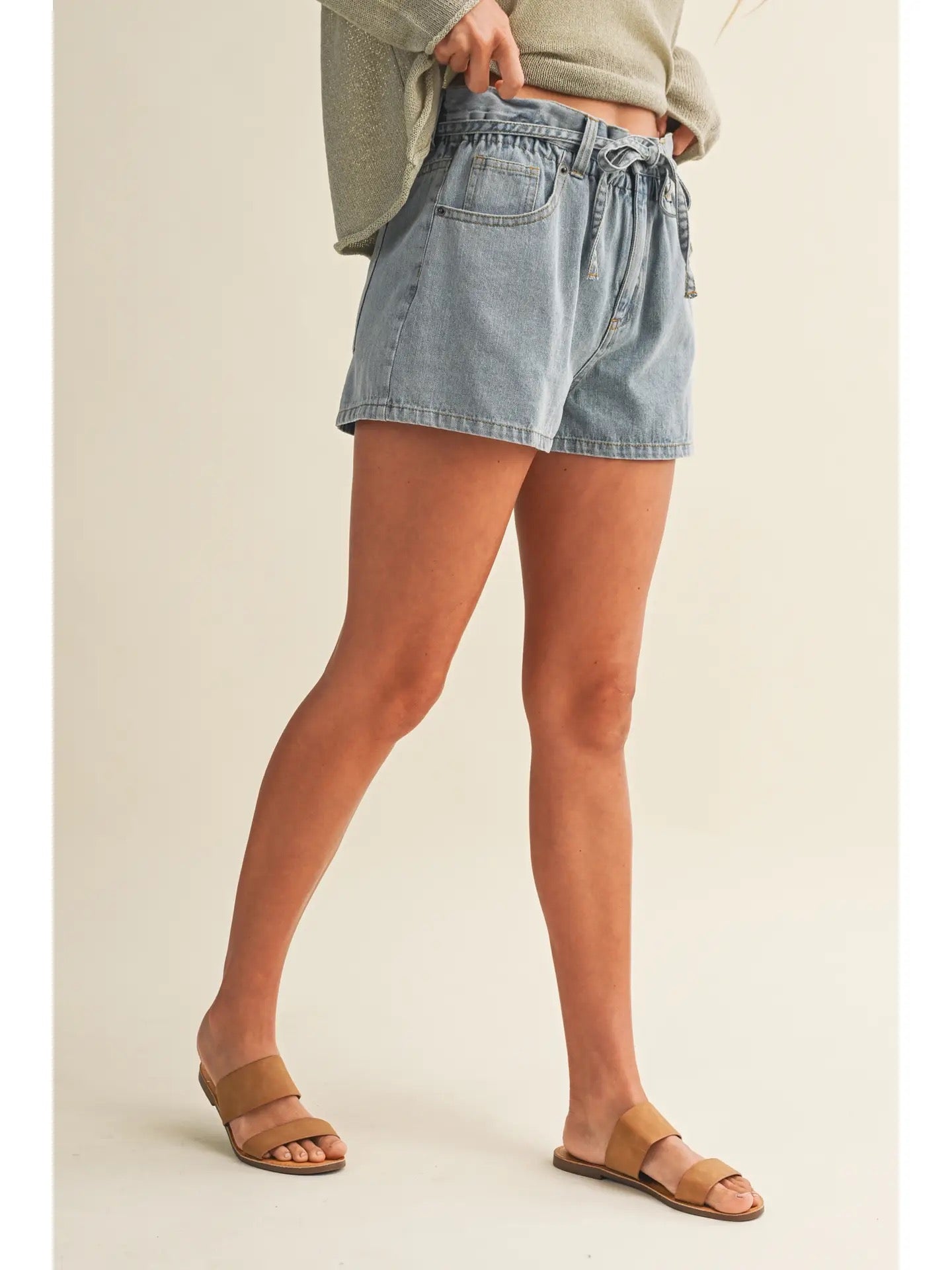 Paperbag Denim Shorts with Tie Waist