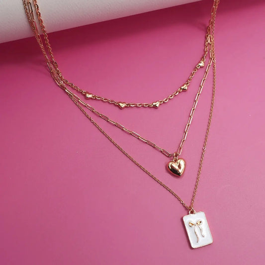 Square Bow Charm Layered Necklace