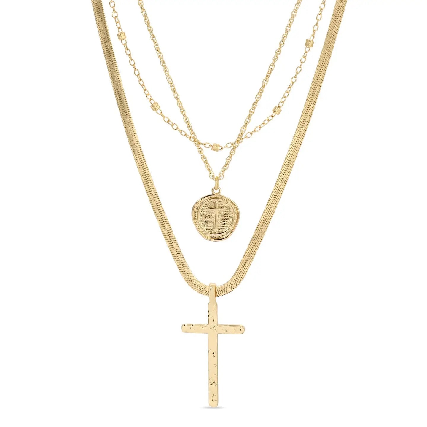 Splendid Iris Triple Layer Cross and Herringbone Chain Necklace