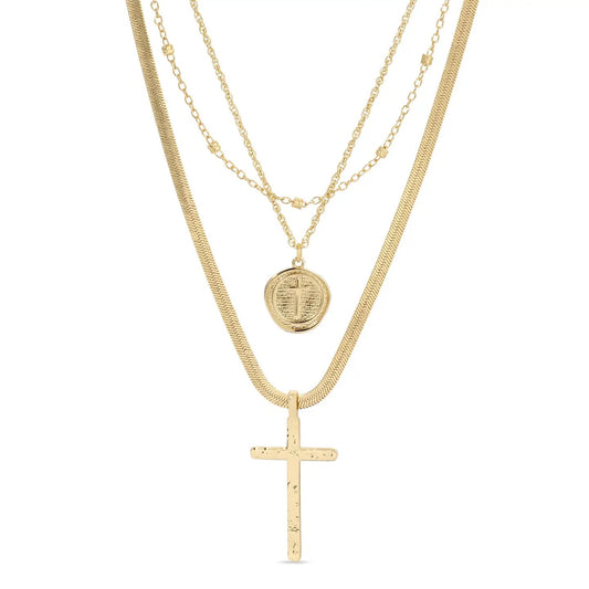 Splendid Iris Triple Layer Cross and Herringbone Chain Necklace