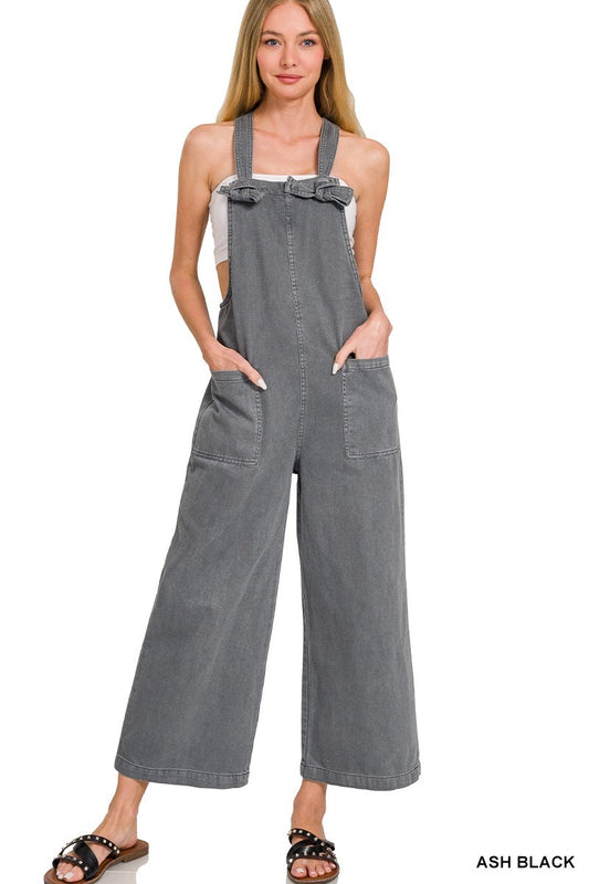 Washed Ash Black Denim Knot Strap Jumpsuit