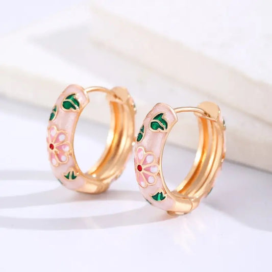 Vintage Pink Floral Huggie Hoop Earrings