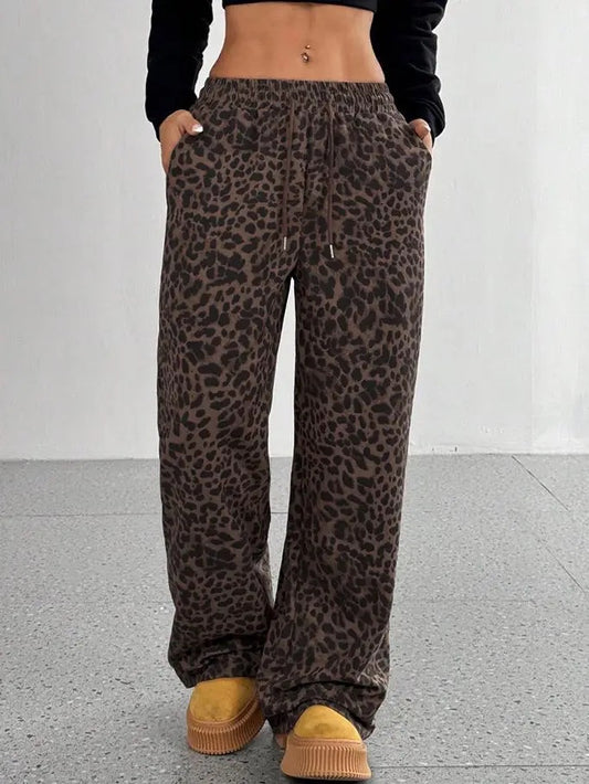 Dark Leopard Drawstring Wide Leg Pants