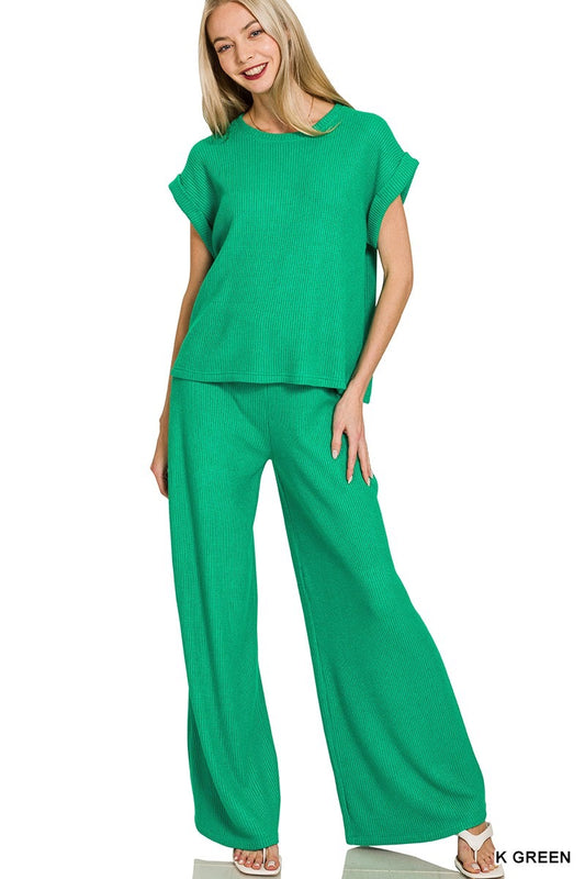 Green Ribbed Top and Pants Set