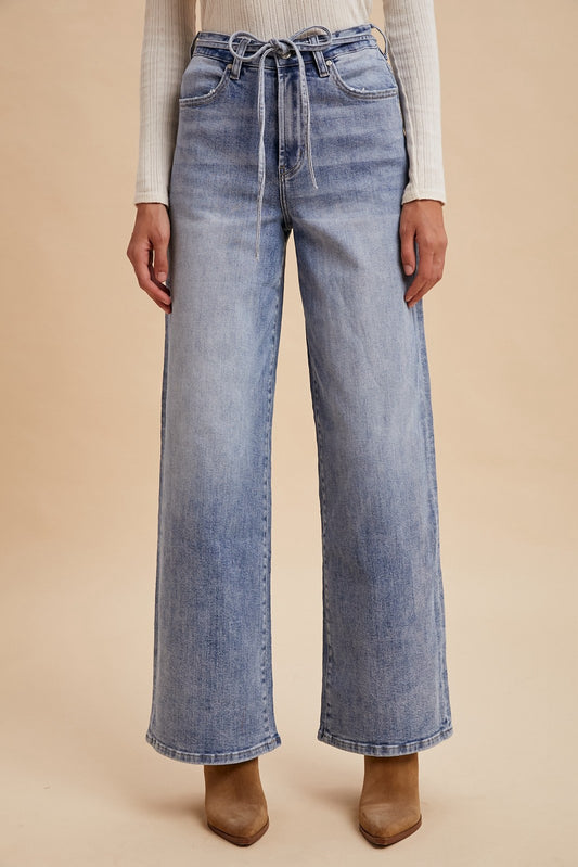 High Rise Tie Waist Wide Leg Denim Pants