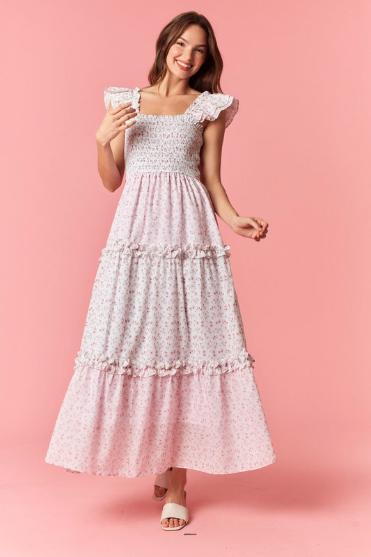 Pink Ditsy Flower Ruffle Tier Dress