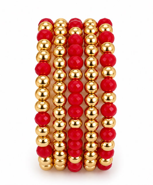 Red & Gold Beaded Bracelet Stack