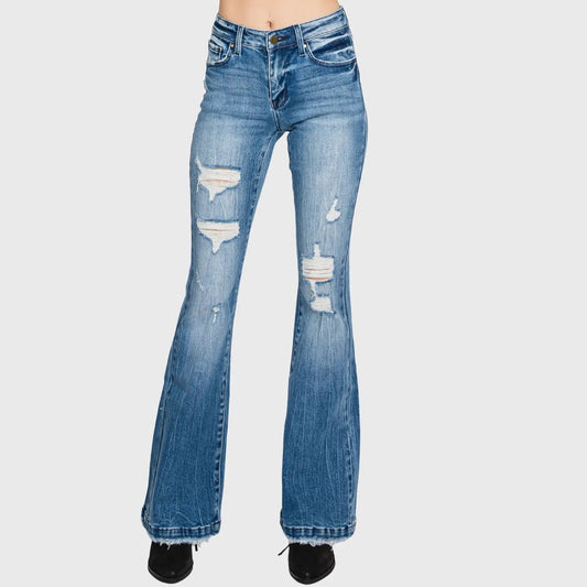 Petra Distressed Mid Rise Flare Jeans