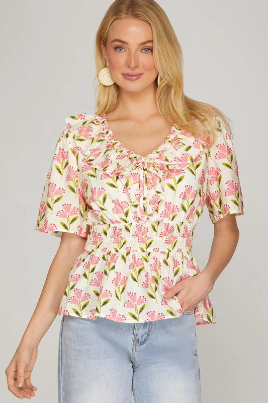 Ruffle V Neck Pink Floral Top